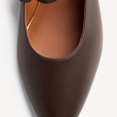 Sapato feminino castanho com detalhes metálicos dourados