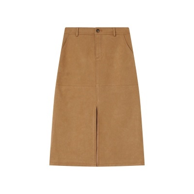 Saia midi castanha em tecido aveludado com bolsos laterais e racha frontal