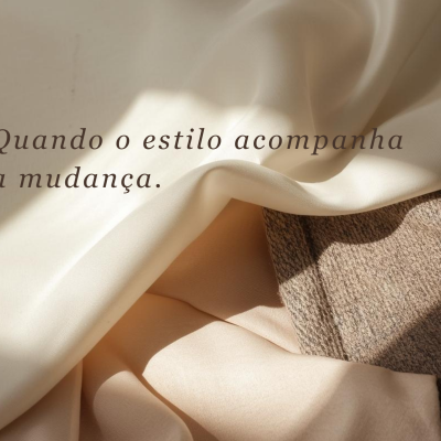 Tecidos em tons creme e castanho claro com texto sobreposto