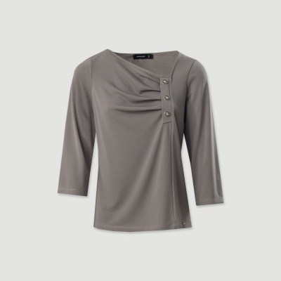 Blusa cinzenta feminina com mangas 3/4 e botões decorativos