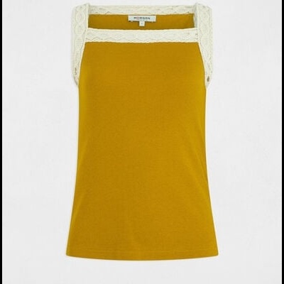 Top amarelo com detalhe em renda branca e etiqueta MORGAN