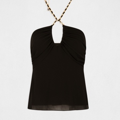 Top preto feminino com correntes douradas e pretas nas alças