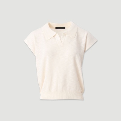 Camisola de malha creme sem mangas com gola polo