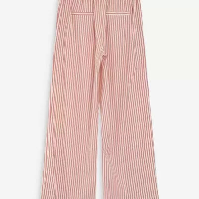 Calças de tecido com riscas verticais brancas e vermelhas e cintura elástica