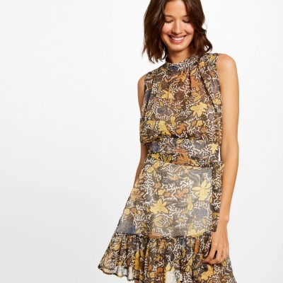 Vestido floral feminino sem mangas com folhos