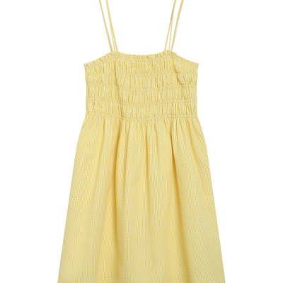 Vestido amarelo com padrão xadrez pequeno e alças finas duplas