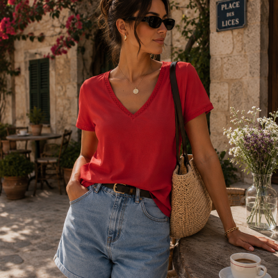Pessoa com roupa casual de verão vermelha e azul numa praça com muro de pedra e flores