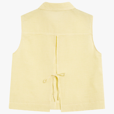 Colete amarelo de padrão vichy com laço atrás, tecido leve de algodão.