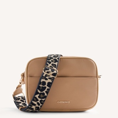 Mala tiracolo bege com alça padrão leopardo