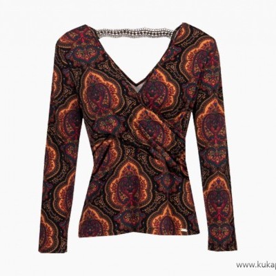 Camisola feminina de manga comprida com padrão étnico e decote em V