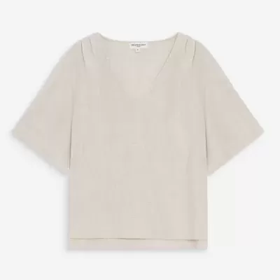 Camisola bege claro de manga curta com decote em V