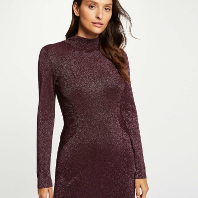 Vestido justo manga comprida e gola alta cor vinho brilhante.