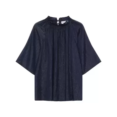 Blusa feminina azul escura brilhante com mangas largas e gola pregueada