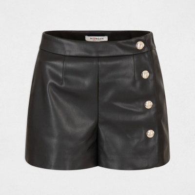 Calções pretos de imitação de pele com botões dourados