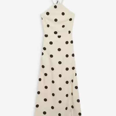 Vestido comprido creme com bolinhas pretas