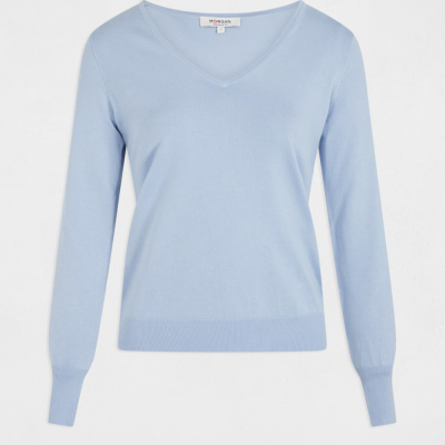Camisola azul clara de malha fina com decote em V e mangas compridas