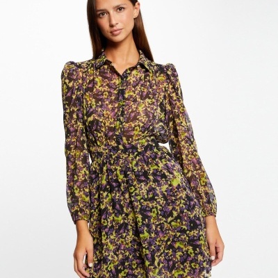 Vestido feminino transparente com estampa floral colorida e manga comprida