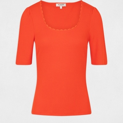 Camisola feminina manga curta laranja decote quadrado tecido canelado