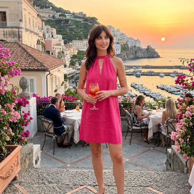 Mulher com vestido rosa segurando copo num terraço com vista para o mar ao pôr do sol.