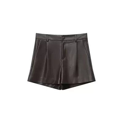 Calções castanhos escuros em pele sintética lisos