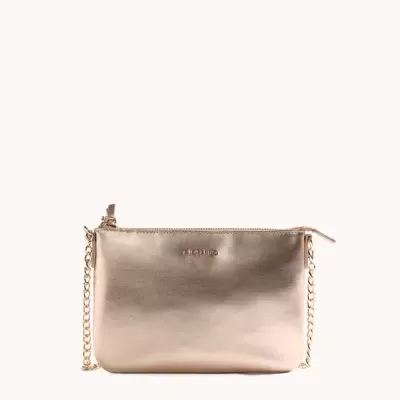 Mala pequena dourada com alça de corrente e fecho de correr