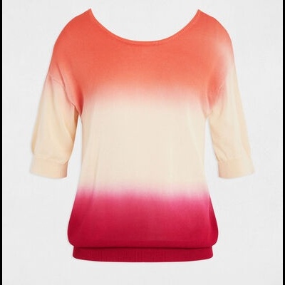 Camisola feminina ombré em coral, creme e vermelho com manga 3/4