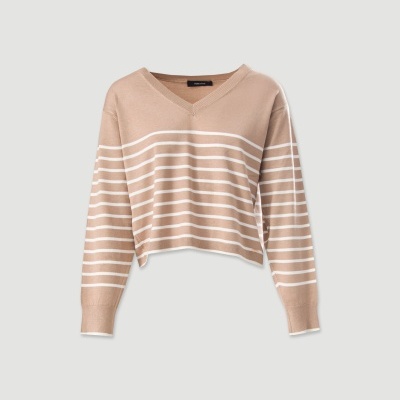 Camisola de malha bege com riscas brancas e decote em V