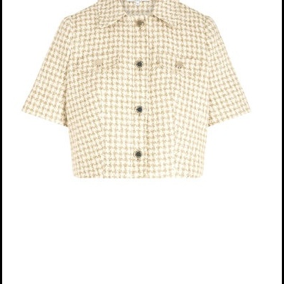 Camisa curta padrão pied-de-poule creme e castanho com botões escuros e bolsos de peito