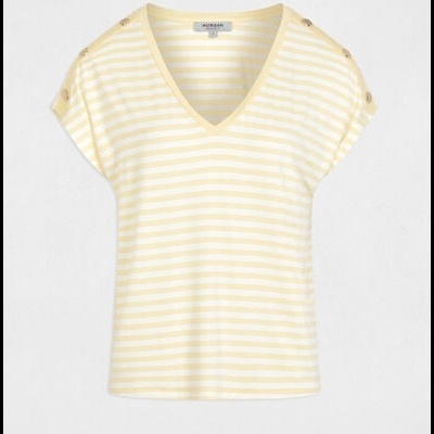 T-shirt feminina às riscas amarelas e brancas com botões nos ombros
