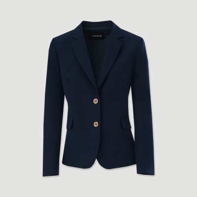Blazer feminino azul escuro com botões castanhos e bolsos de aba