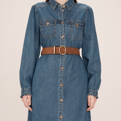 Vestido longo em ganga azul com cinto castanho e botões frontais.