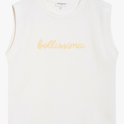 Top branco sem mangas com escrita amarela bellissima