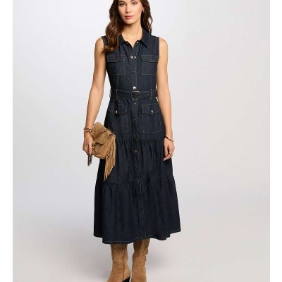 Vestido denim azul escuro comprido sem mangas com botões e cinto