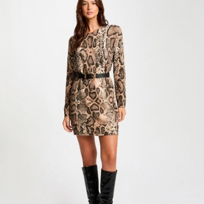 Vestido com padrão de pele de cobra, cinto preto e botas pretas em fundo branco