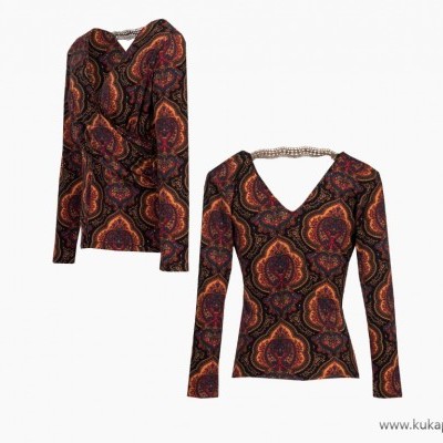 camisola manga comprida padrão barroco decote V correntes douradas