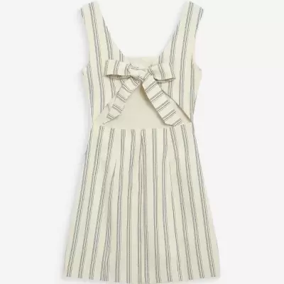 Vestido curto creme às riscas com laço frontal e abertura no peito