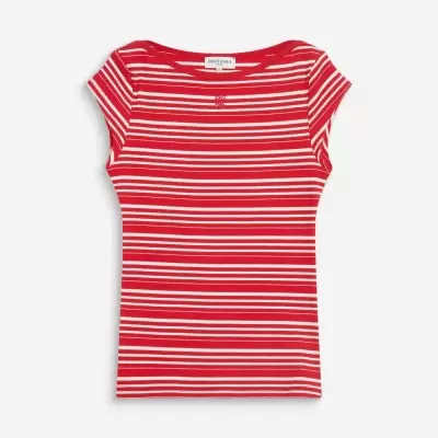 T-shirt às riscas vermelha e branca com logo bordado