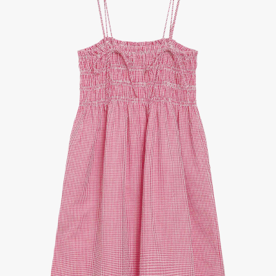 Vestido vermelho e branco com padrão de quadrados e alças finas