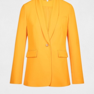 Blazer feminino laranja com botão dourado e gola de lapela