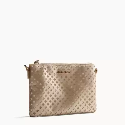 Mala pequena bege recortada em pele sintética com fecho e insígnia dourados