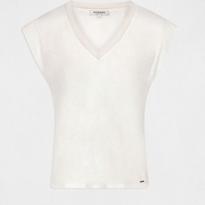 Camisa sem mangas de malha branca com decote em V