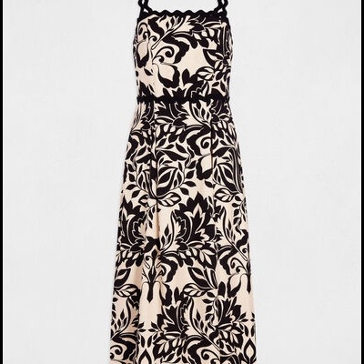 Vestido midi floral preto e bege com alças torcidas