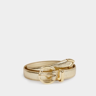 Cinto dourado metálico com fivela redonda