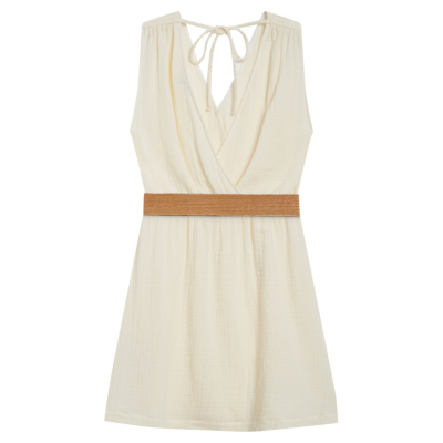 Vestido cru com cinto castanho e laço nas costas