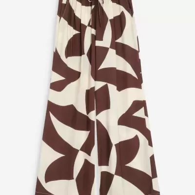 Calças largas com padrão castanho e bege e cós elástico com cordão