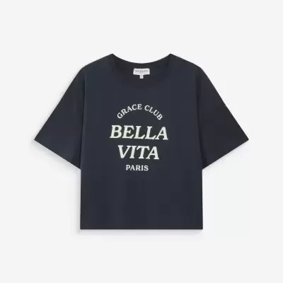T-shirt crop azul escuro com texto branco GRACE CLUB BELLA VITA PARIS