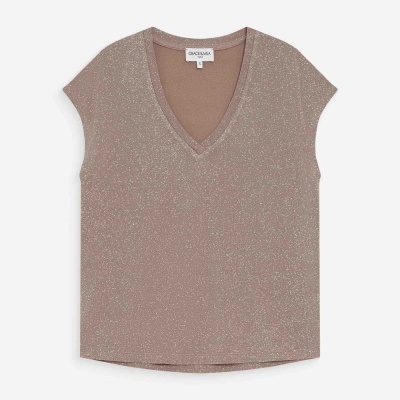 T-shirt feminina castanho claro com brilho e decote em V