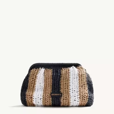 Clutch trançada em ráfia com riscas pretas, brancas e castanhas, etiqueta JOSEPP O.