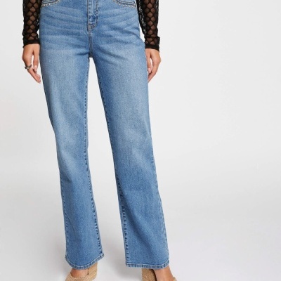 Calças de ganga azuis de corte reto com cintura alta