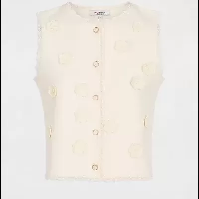 Colete creme com flores 3D e botões dourados